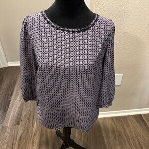 J Crew NWOT 100% Silk Black Purple Scalloped Neck Short Sleeve Blouse 6P